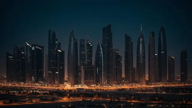 Modern Saudi Arabian skyline at dusk with illuminated skyscrapers